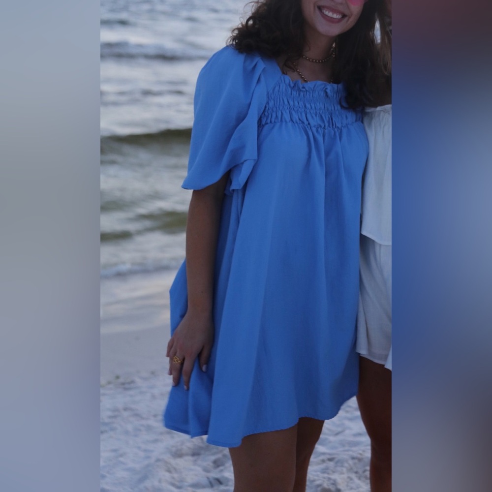 Mango ruched detail mini dress in blue Size 6